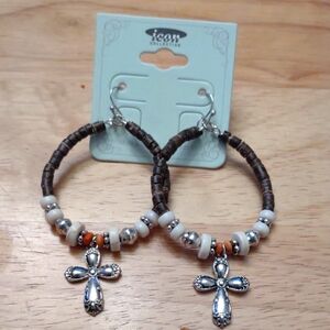 New ICON COLLECTION Silver and Brown Beaded Cross Earrings